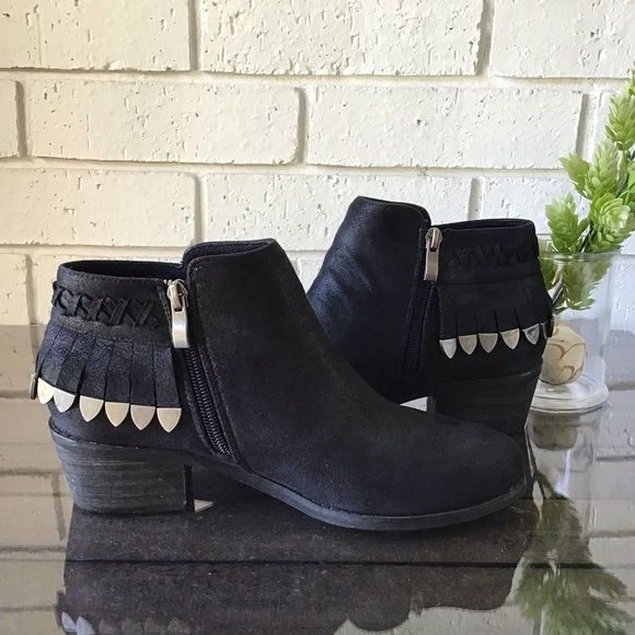 Okeysi Black Suede Metal Fringe Ankle Booties - Picture 7 of 12